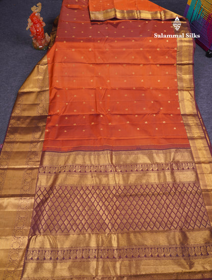 Beautiful Rust Orange Pure Kanjivaram Silk Saree With Contrast Brown Traditional Evening Morning Border