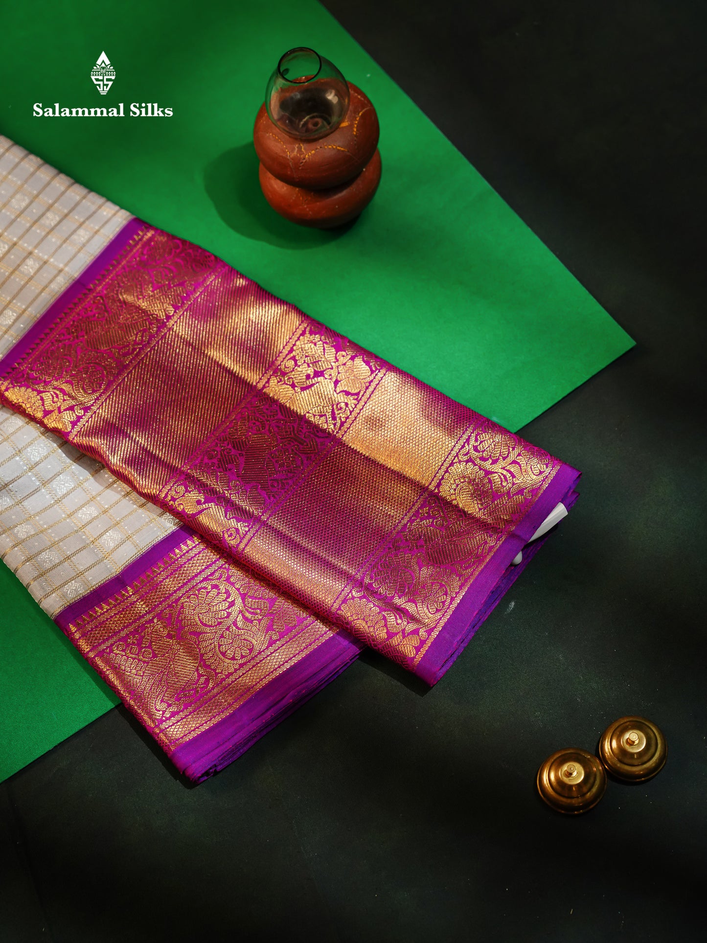 Kanjivaram Korvai Light Grey Traditional Checks 2G  Zari Wedding Silk Saree With Vadamalli Long Border