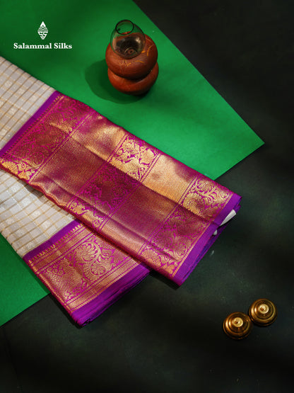 Kanjivaram Korvai Light Grey Traditional Checks 2G  Zari Wedding Silk Saree With Vadamalli Long Border