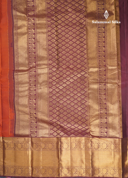 Beautiful Rust Orange Pure Kanjivaram Silk Saree With Contrast Brown Traditional Evening Morning Border