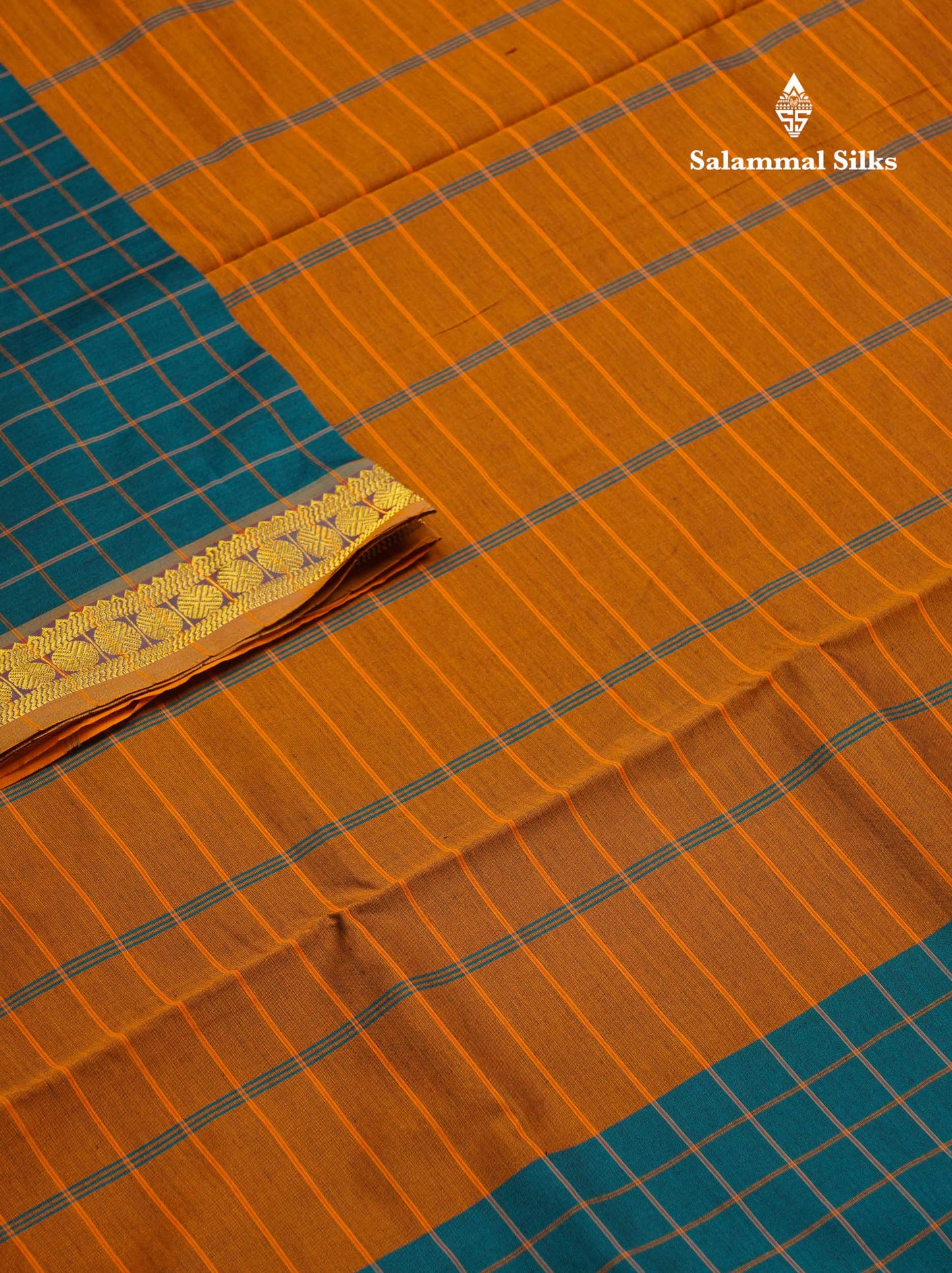 Beautiful Peacock Blue Thread Checks Semi Silk Cotton Saree With Mustard Yellow Traditional Small border