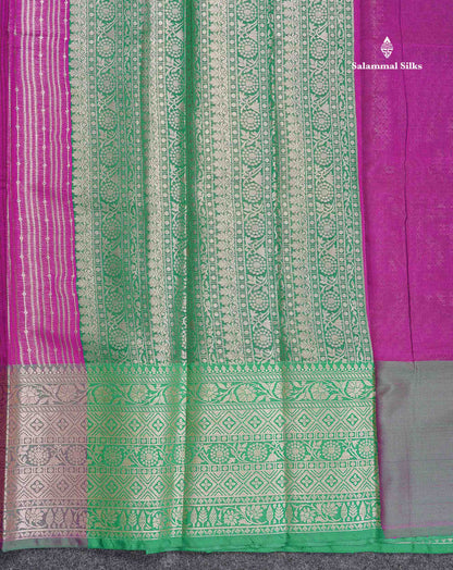 Semi Silk Saree - Magenta Colour Body Vertical Zari Lines With Contrast Saffire Green Blouse