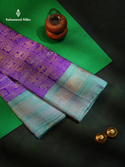 Beautiful Violet Checks Pure Kanjivaram 2G Zari Silk Saree With Contrast Sapphire Green Border