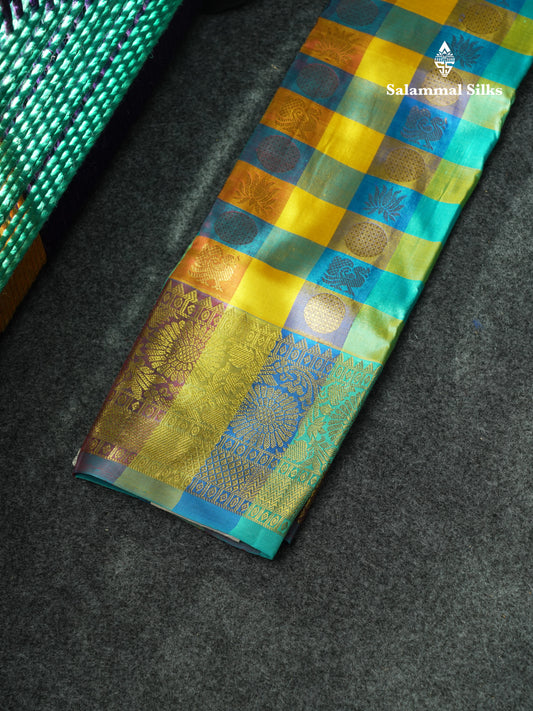Pure Silk Pattu Pavadai (Multi Colour Checks) With  Blue Blouse 18"