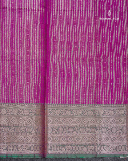 Semi Silk Saree - Magenta Colour Body Vertical Zari Lines With Contrast Saffire Green Blouse