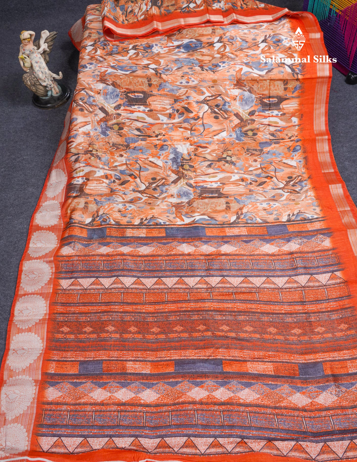 Beautiful Multicolour Mixed Cotton Saree With Contrast Orange Tissue Border