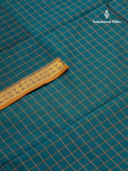 Beautiful Peacock Blue Thread Checks Semi Silk Cotton Saree With Mustard Yellow Traditional Small border