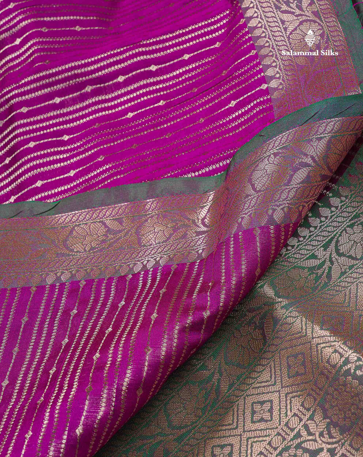 Semi Silk Saree - Magenta Colour Body Vertical Zari Lines With Contrast Saffire Green Blouse