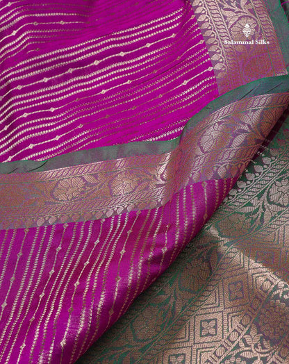 Semi Silk Saree - Magenta Colour Body Vertical Zari Lines With Contrast Saffire Green Blouse