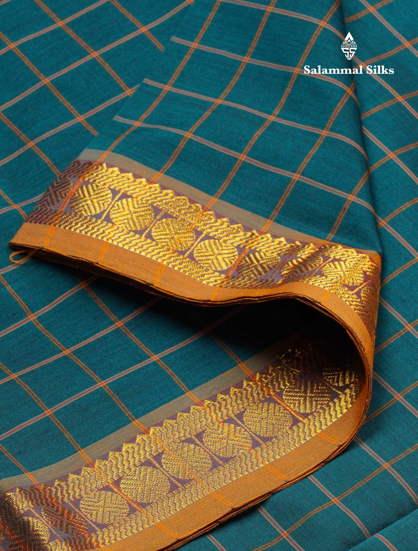 Beautiful Peacock Blue Thread Checks Semi Silk Cotton Saree With Mustard Yellow Traditional Small border