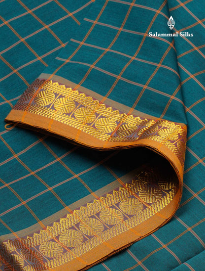Beautiful Peacock Blue Thread Checks Semi Silk Cotton Saree With Mustard Yellow Traditional Small border