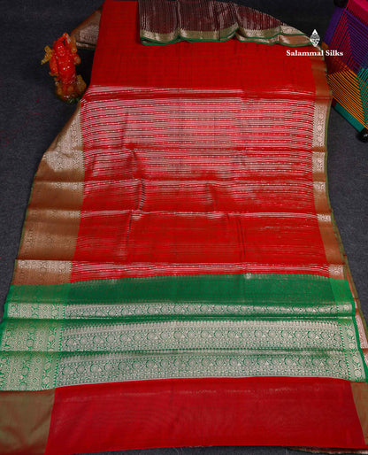 Semi Silk Saree - Redish Maroon Colour Body Vertical Zari Lines With Contrast Saffire Green Blouse
