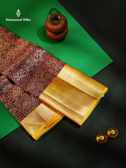 Beautiful Dark Magenta 2G Pure Kanjivaram Silk Saree With Contrast Yellow Traditional Evening Morning Border