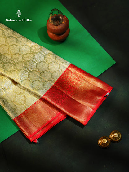 Korvai Beautiful Light Rexona Tissue Bridal 2G Pure Kanjivaram Silk Saree With Contrast Chilly Red Traditional Evening Morning Border