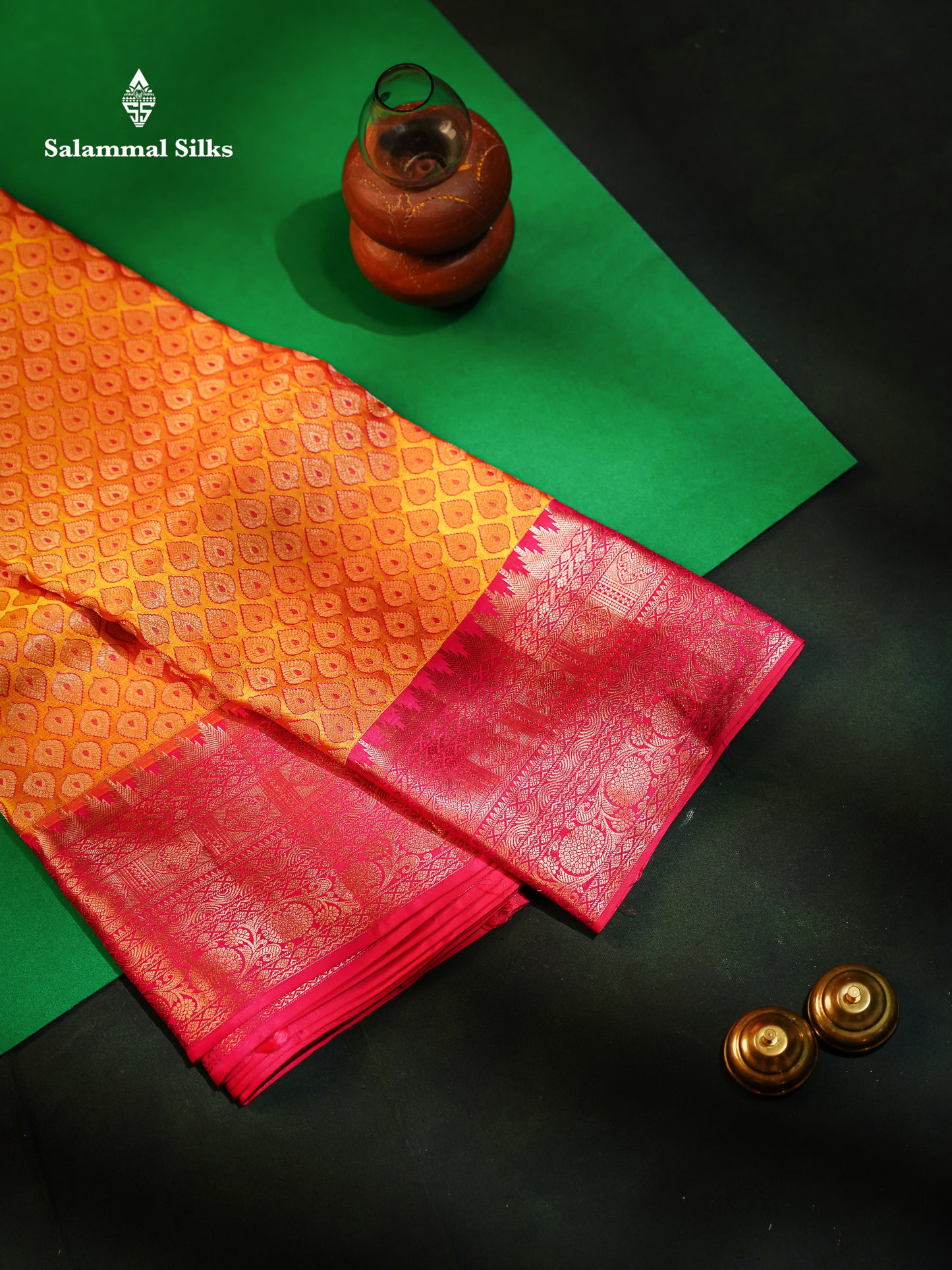 Dual Tone Mango Yellow Bridal Pure Kanjivaram Silk Saree With Contrast Pink Border