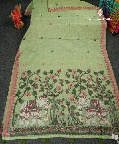 Beautiful Cream Sandal Menakari Work Muga Cotton Saree With Contrast Pink Blouse