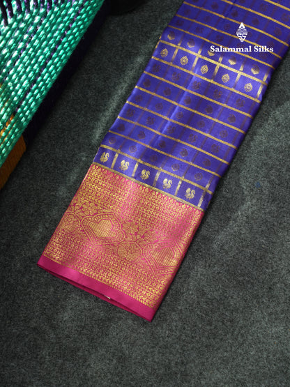 Pure Silk Pattu Pavadai (Ink Blue Checks) With Majentha Blouse 18"
