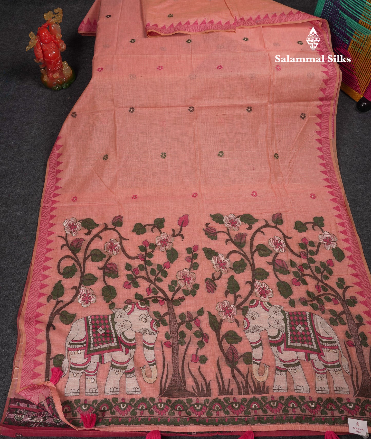 Beautiful Cream Sandal Menakari Work Muga Cotton Saree With Contrast Pink Blouse