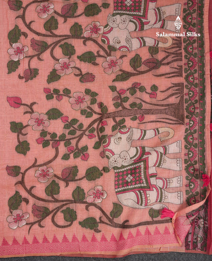 Beautiful Cream Sandal Menakari Work Muga Cotton Saree With Contrast Pink Blouse