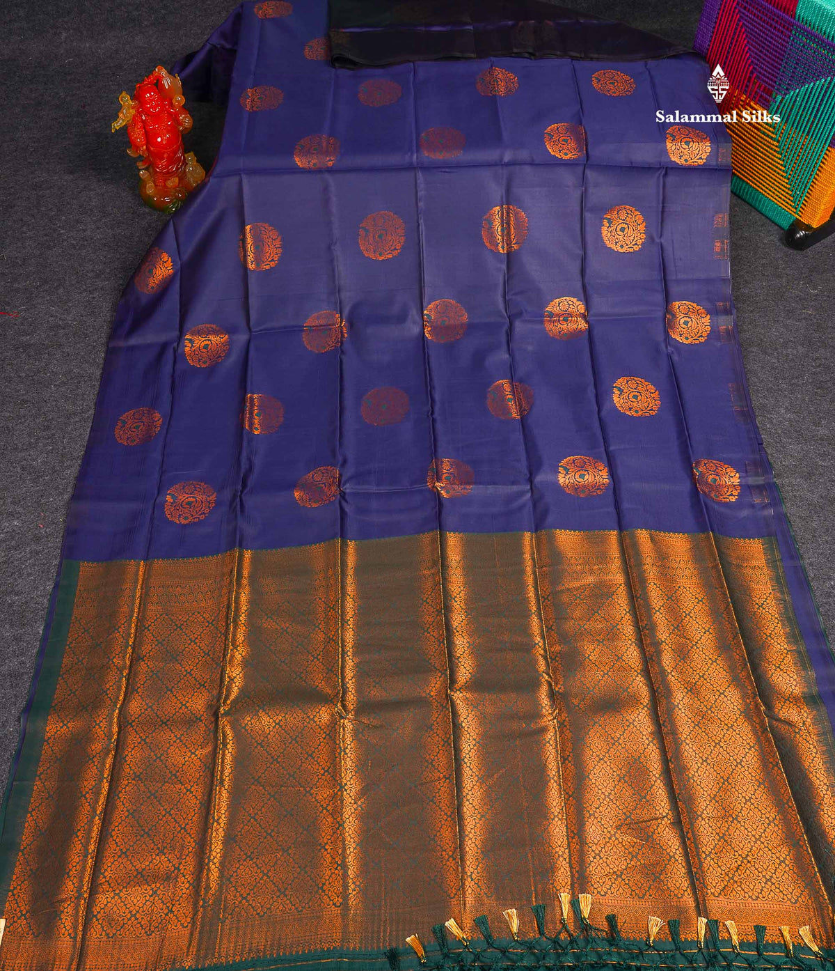 Semi Soft Silk Saree - Navy Blue Colour Body With Contrast Bottle Green Blouse 