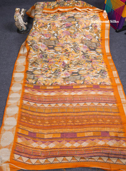 Beautiful Multicolour Mixed Cotton Saree With Contrast Orange Tissue Border