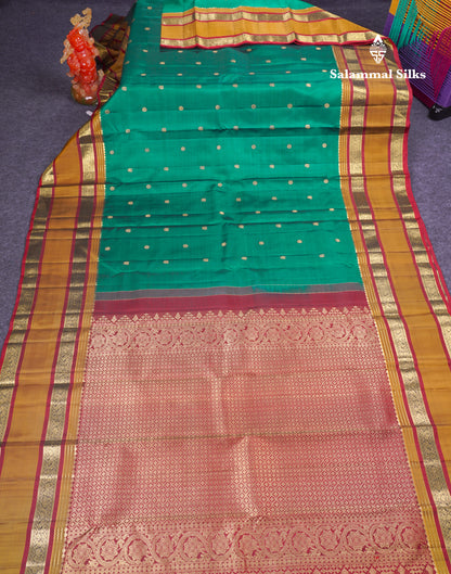 Beautiful Peacock Green Pure Kanjivaram Silk Saree With Contrast Olive Mustard Yellow Traditional Rettapet Border