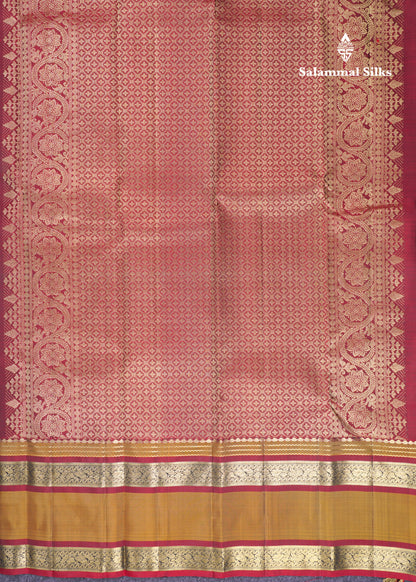 Beautiful Peacock Green Pure Kanjivaram Silk Saree With Contrast Olive Mustard Yellow Traditional Rettapet Border