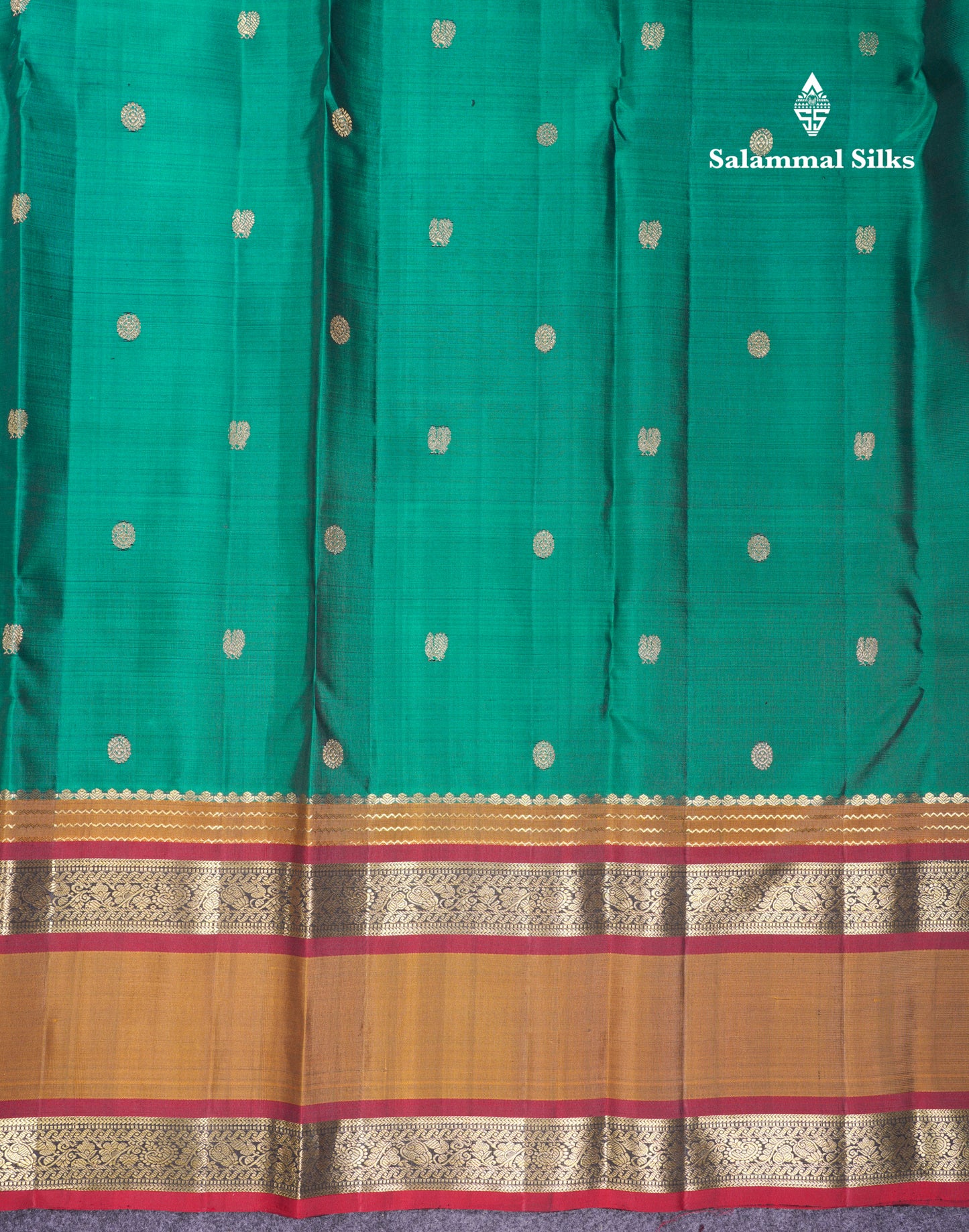 Beautiful Peacock Green Pure Kanjivaram Silk Saree With Contrast Olive Mustard Yellow Traditional Rettapet Border