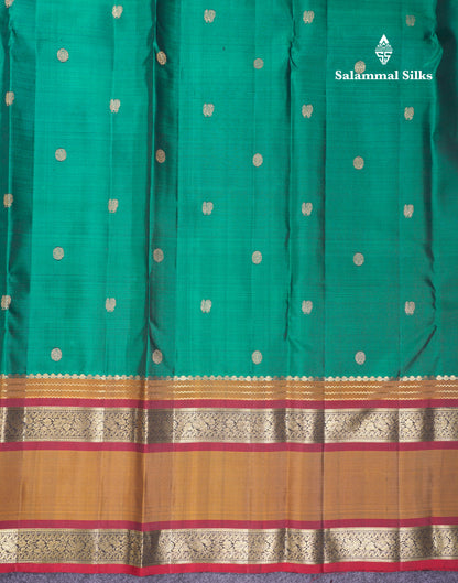 Beautiful Peacock Green Pure Kanjivaram Silk Saree With Contrast Olive Mustard Yellow Traditional Rettapet Border