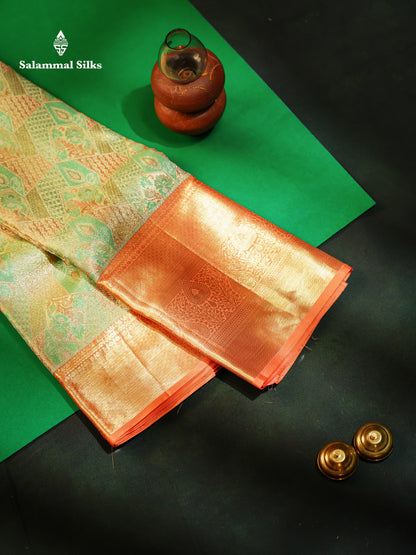 Beautiful Parrot Green Tissue Bridal Pure Kanjivaram Silk Saree With Contrast Peach Traditional Evening Morning Border