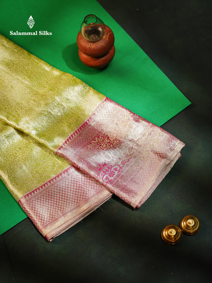 Beautiful Light Green Tissue Bridal Pure Kanjivaram Silk Saree With Contrast Light Chocolate Traditional Evening Morning Border