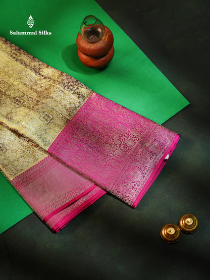 Army Green Tissue Fancy Bridal Pure Kanjivaram Silk Saree With Contrast Magenta Traditional Evening Morning Border