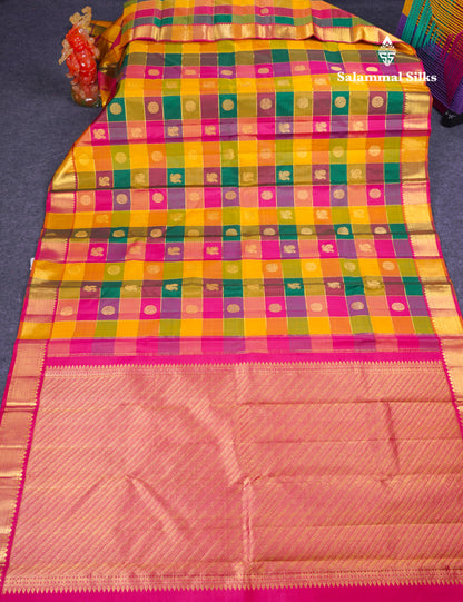 Beautiful Paalum Pazham Checks Pure Kanjivaram Silk Saree With Traditional Border