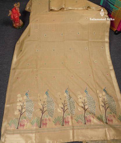 Beautiful Cream Menakari Work Muga Cotton Saree With Butta Blouse