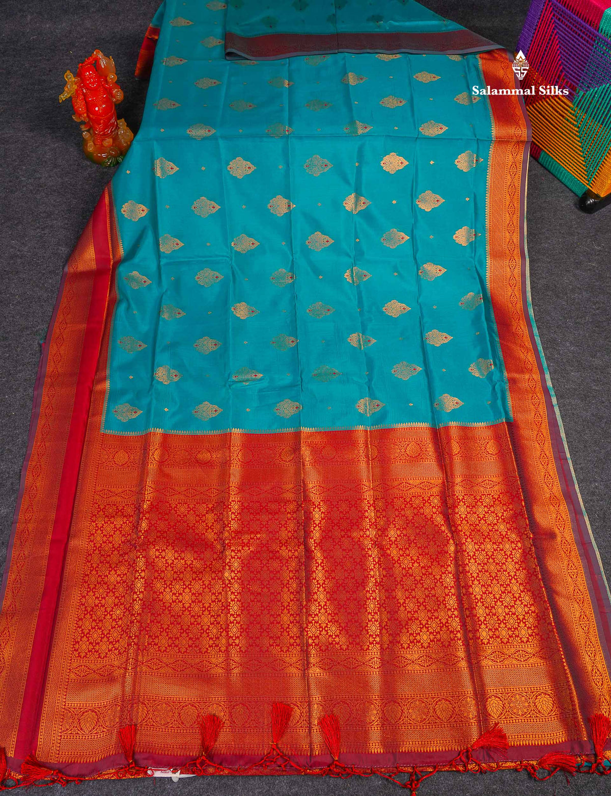 Semi Soft Silk Saree - Teal Blue Colour Body With Contrast Maroon Traditional Gap Border