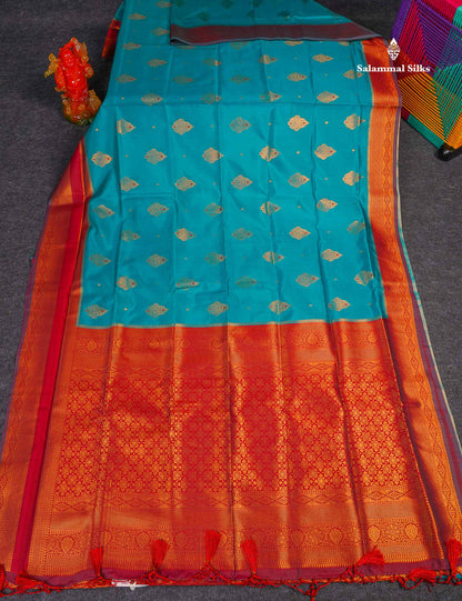 Semi Soft Silk Saree - Teal Blue Colour Body With Contrast Maroon Traditional Gap Border