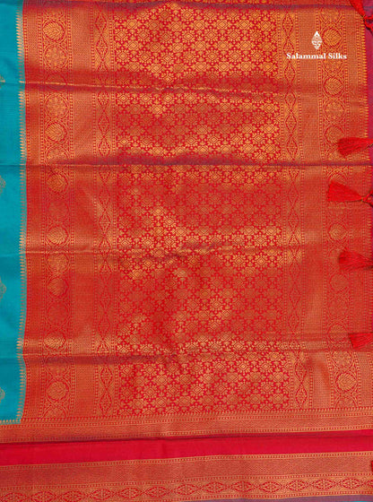 Semi Soft Silk Saree - Teal Blue Colour Body With Contrast Maroon Traditional Gap Border
