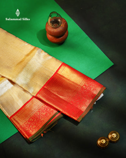 Beautiful Gold Plain Tissue Bridal Pure Kanjivaram Silk Saree With Contrast Chilly Red Traditional Evening Morning Border