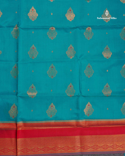 Semi Soft Silk Saree - Teal Blue Colour Body With Contrast Maroon Traditional Gap Border