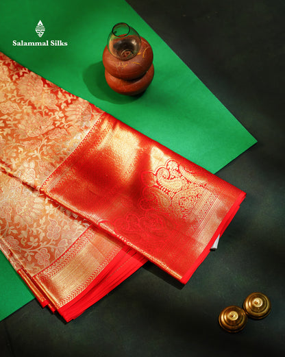 Beautiful Tomato Red Tissue Bridal Pure Kanjivaram Silk Saree With Contrast Chilly Red Traditional Evening Morning Border