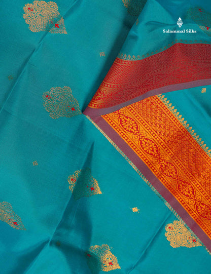 Semi Soft Silk Saree - Teal Blue Colour Body With Contrast Maroon Traditional Gap Border