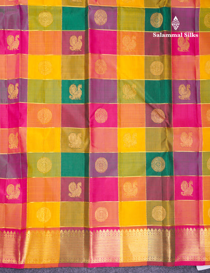 Beautiful Paalum Pazham Checks Pure Kanjivaram Silk Saree With Traditional Border
