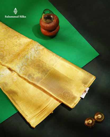 Beautiful Gold Tissue Bridal Pure Kanjivaram Silk Saree With Contrast Golden Yellow Border