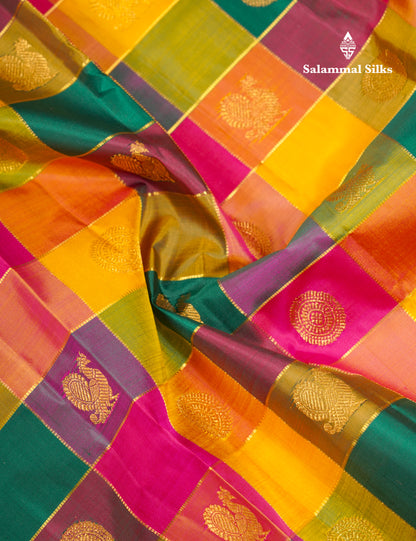 Beautiful Paalum Pazham Checks Pure Kanjivaram Silk Saree With Traditional Border