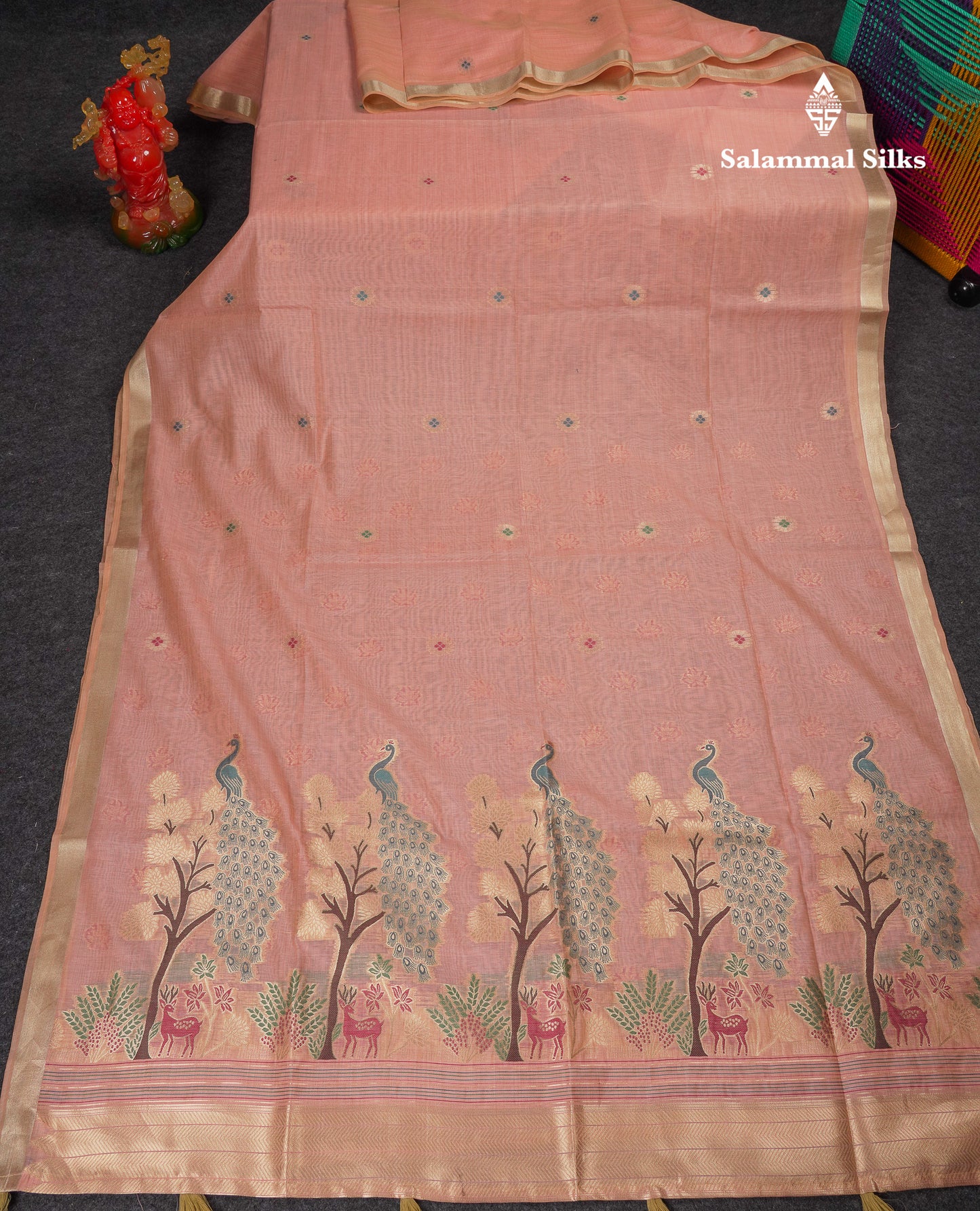 Beautiful Cream Menakari Work Muga Cotton Saree With Butta Blouse