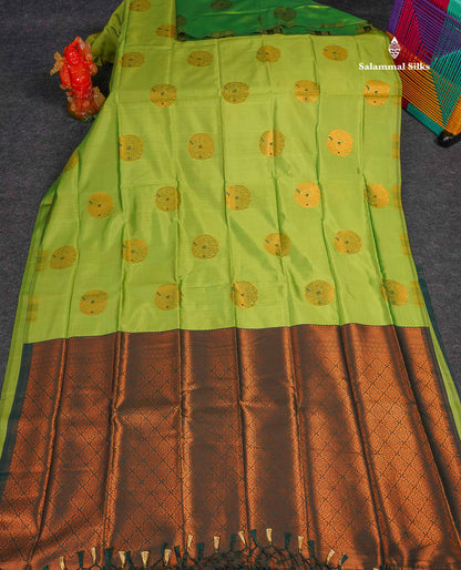 Semi Soft Silk Saree - Parrot Green Colour Body With Contrast Bottle Green Blouse 
