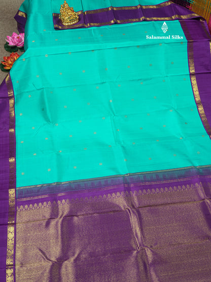 Kanjivaram Beautiful Sapphire Green Pure Silk Saree With Contrast Violet Traditional Gap Border