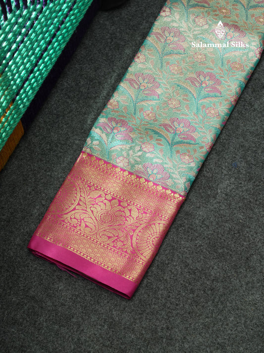 Semi Pattu Pavadai Tissue ( Sea Blue ) With Pink Blouse 18"
