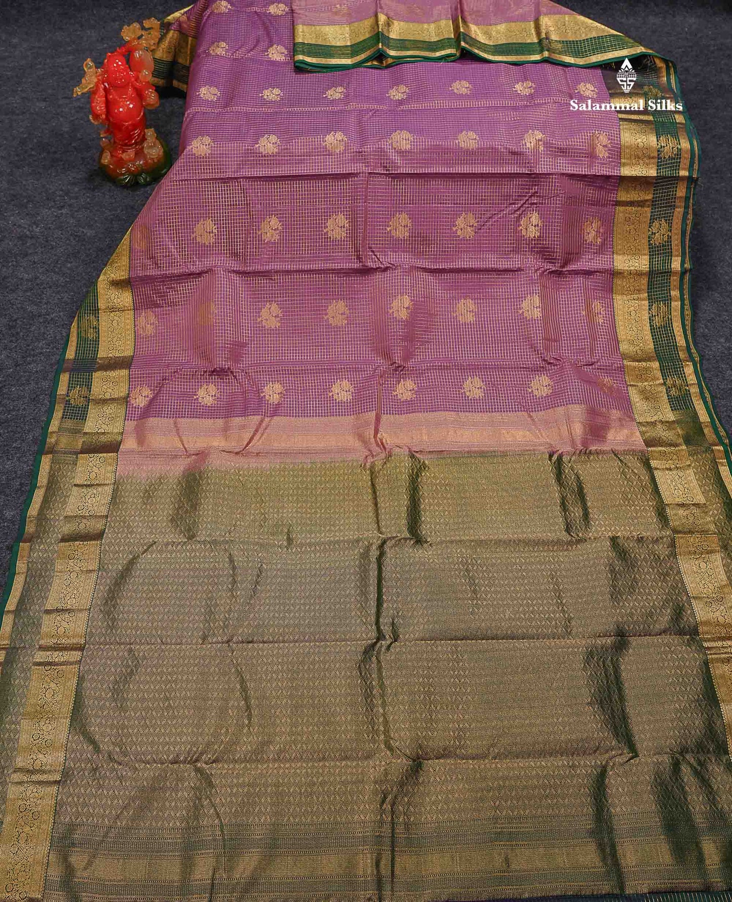 Beautiful Onion Pink Small Checks With Zari Butta PureMix Silk Saree With Contrast Bottle Green Traditional Border
