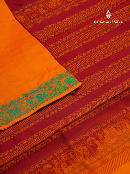 Beautiful Sandal Thread Buttas Handloom Semi Silk Cotton Saree With Maroon Traditional Thread Border